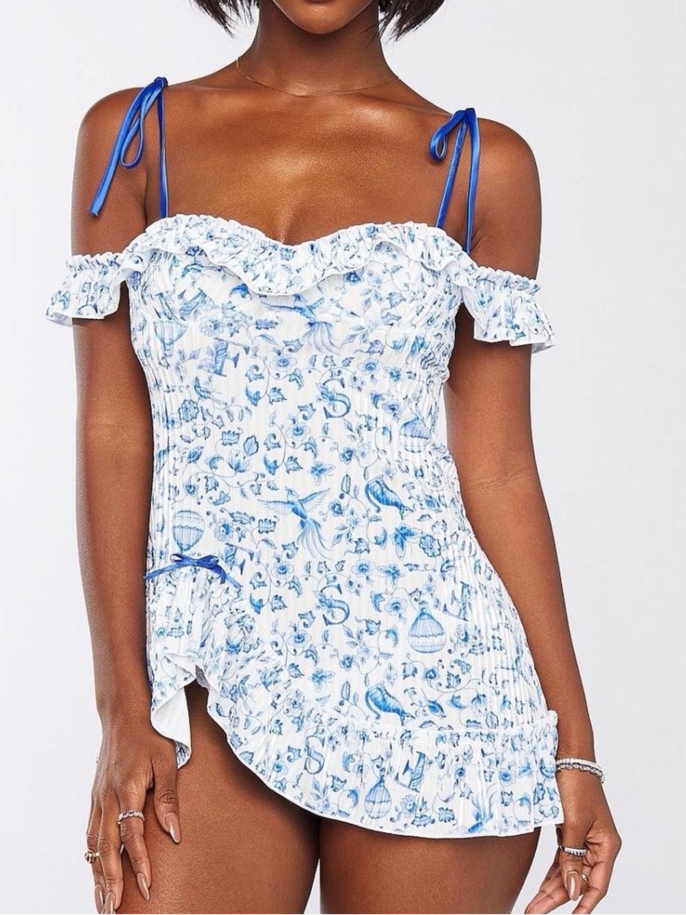 Savage X Fenty Light Blue & White Ribbed mini dress lingerie set